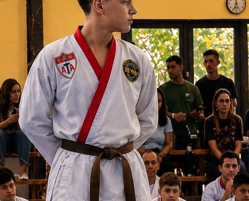Alumno de Ziyou en posición de firmes con su dobok y cinturón